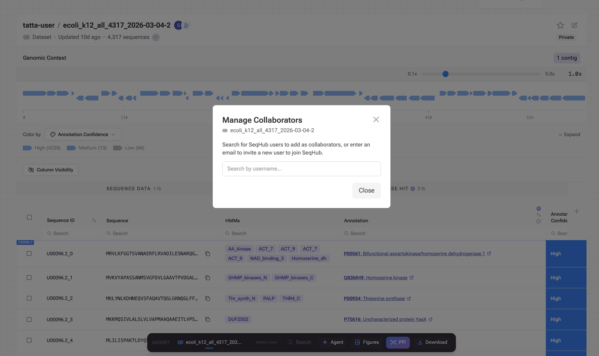 Dataset sharing and collaboration in SeqHub